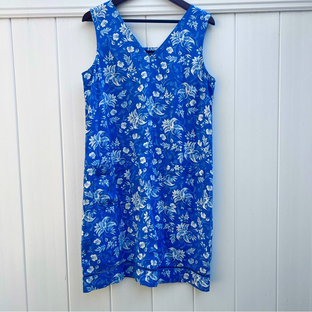 NEXT Women’s Linen Sleeveless V Neck Shift Dress Sz 10 Blue Floral Beach